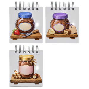 دفترچه 3 تایی سیمی طرح شیشه شکلات صبحانه روی قفسه چوبی سوپرمارکت محله hc 123