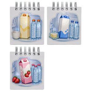 دفترچه 3 تایی سیمی طرح پاکت شیر پاکتی درون یخچال در کنار شیشه‌های آب‌معدنی hc 126