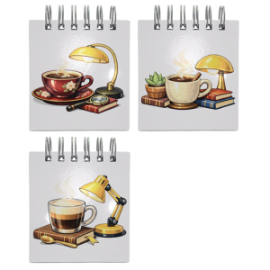 دفترچه 3 تایی سیمی طرح فنجان قهوه کنار یک چراغ مطالعه زرد در کتابخانه hc 145